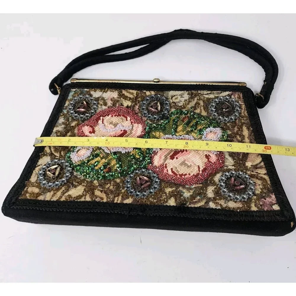 Vintage Embroidered Purse‎ Black Needlepoint Beaded Multi Floral Handbag